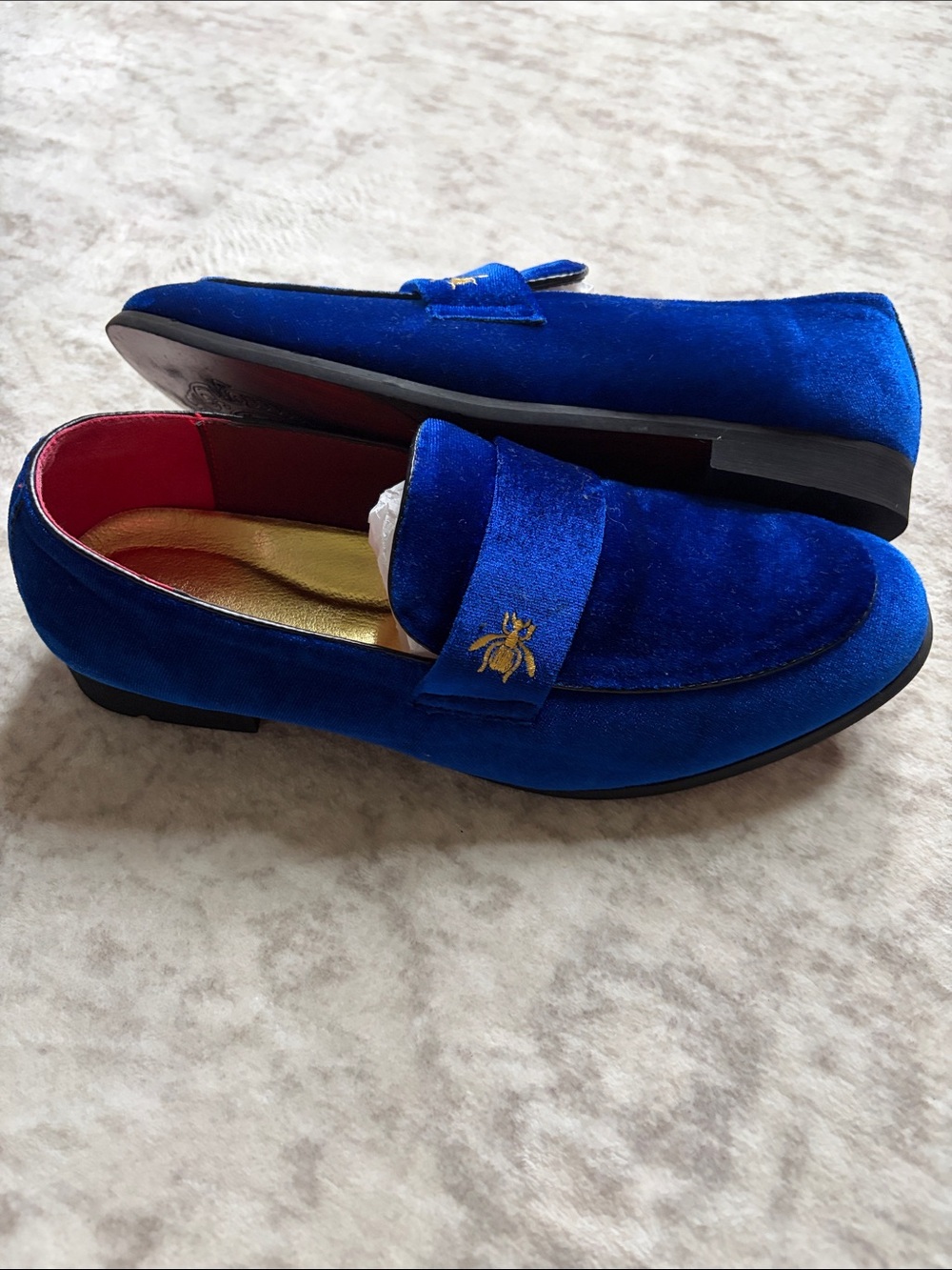 Royal Blue Velvet Loafers with Gold Embroidery wasp size 43 9.5/10 - Picture 2 of 9